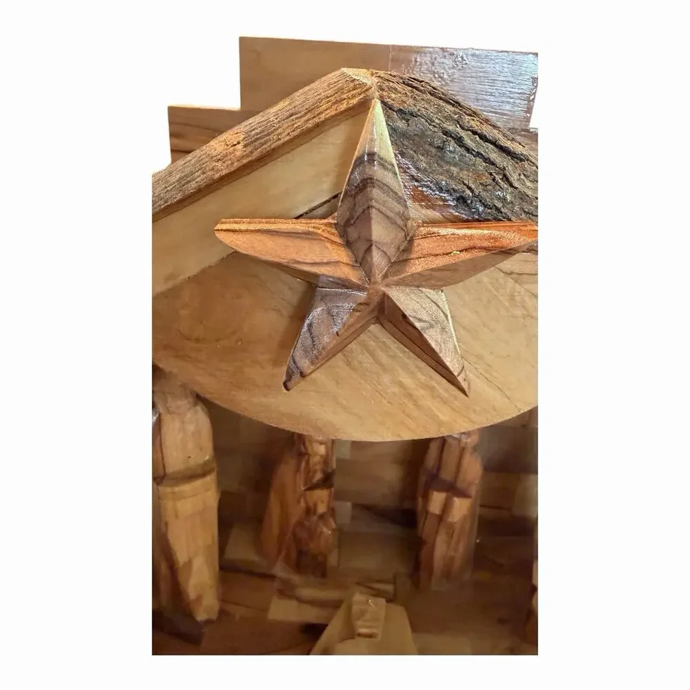 Nativity Hand Carved Olive Wood Crafted In Bethlehem MUSICAL Rotating Star